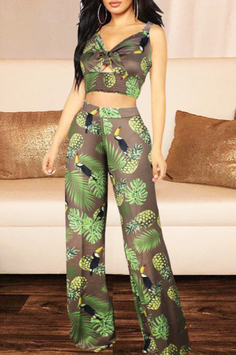 Brownness Sexy Casual Print Hollowed Out Backless Spaghetti Strap Sleeveless Two Pieces