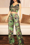 Dark Green Sexy Casual Print Hollowed Out Backless Spaghetti Strap Sleeveless Two Pieces