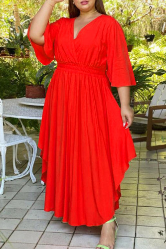 Red Fashion Casual Plus Size Solid Basic V Neck Lantern Sleeve Long Dress