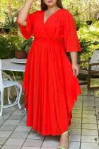 Vestido largo de manga de linterna con cuello en V básico sólido de talla grande casual de moda rojo