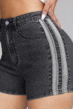 Graue, lässige, solide Patchwork-Jeansshorts mit hoher Taille und geradem Schnitt