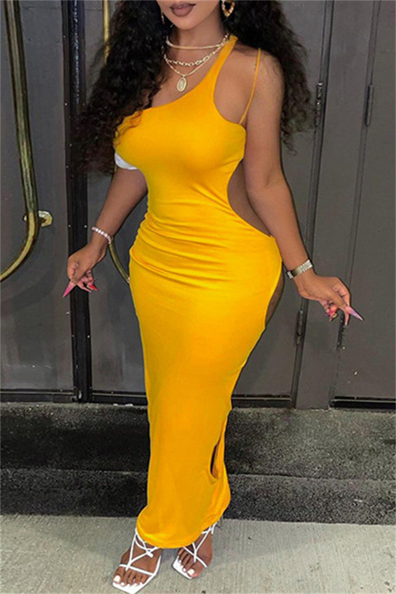 

Yellow Fashion Sexy Solid Hollowed Out Backless One Shoulder Sleeveless Dress Dresses