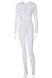 White Sexy Solid Hollowed Out V Neck Skinny Jumpsuits