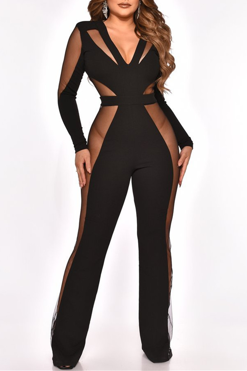 

Black Fashion Sexy Patchwork See-through V Neck Regular Jumpsuits