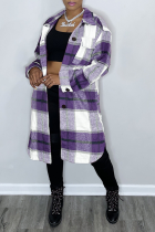Vêtement d'extérieur décontracté à carreaux patchwork col rabattu violet