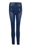 Jeans jeans azul escuro casual street rasgado make old patchwork cintura alta