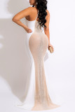 White Fashion Sexy Patchwork Hot Drilling See-through Backless Spaghetti Strap Evening Dress Dresses