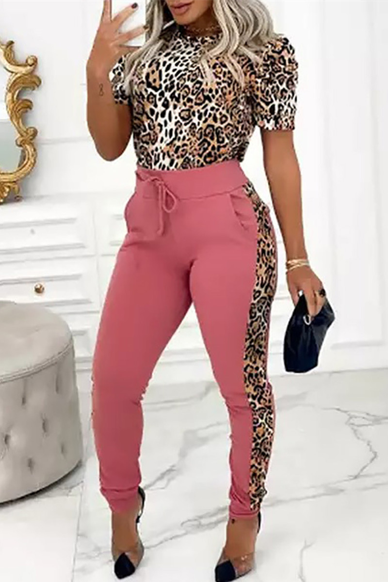 

Pink Fashion Casual Print Split Joint O Neck Short Sleeve Two Pieces