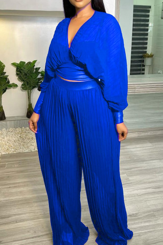 Blue Fashion Casual Solid See-through V Neck Long Sleeve Two Pieces