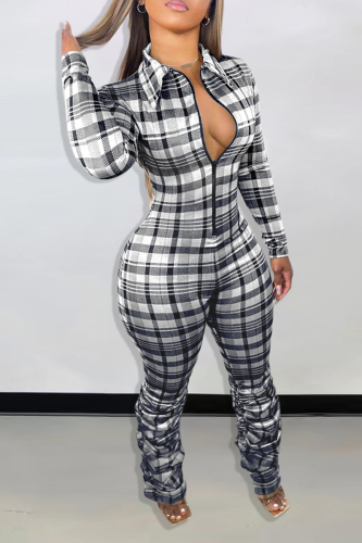 Black White Casual Plaid Patchwork Turndown Collar Skinny Jumpsuits