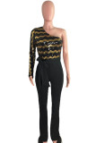 Gold Fashion Sexy Patchwork Sequins Backless Oblique Collar Regular Jumpsuits