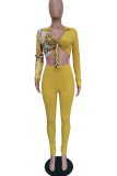 Yellow Sexy Leopard Patchwork V Neck Long Sleeve Two Pieces