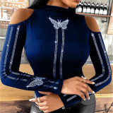 Blue Fashion Casual Patchwork Hot Drilling Hollowed Out Half A Turtleneck Tops