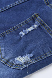 Dark Blue Casual Street Make Old Patchwork High Waist Ripped Denim Jeans