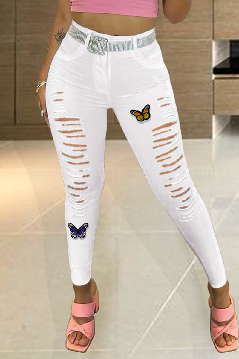 

White Street Ripped Embroidered Split Joint High Waist Denim Jeans