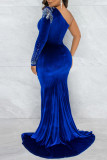 Vestido de noche de cuello oblicuo con abertura transparente de perforación en caliente de retazos sexy de moda azul