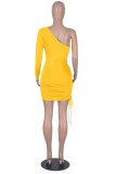 Yellow Fashion Sexy Solid Hollowed Out Draw String Oblique Collar Sleeveless Dress Dresses
