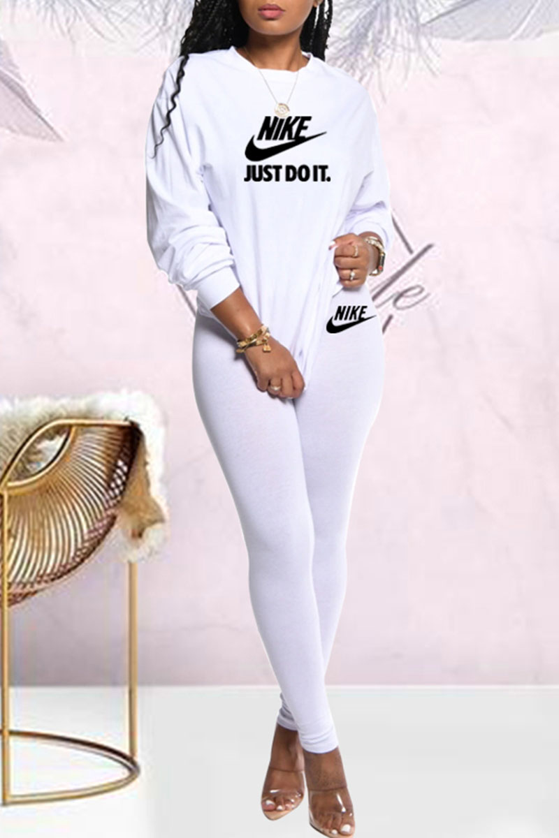 

White Fashion Casual Print Letter O Neck Long Sleeve Two Pieces