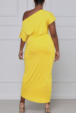 Vestido irregular con cuello en O de patchwork liso informal de moda amarillo