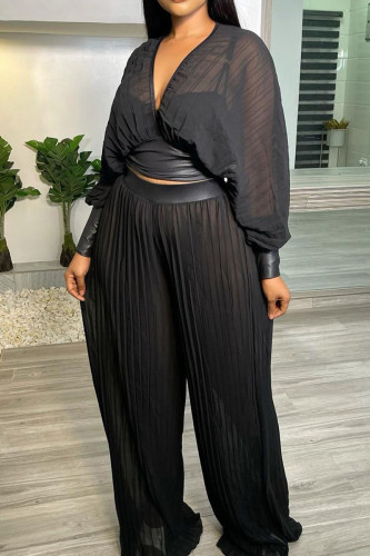 Black Fashion Casual Solid See-through V Neck Long Sleeve Two Pieces