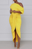 Robe irrégulière décontractée à la mode jaune, couleur unie, patchwork, col rond