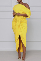 Желтое модное повседневное однотонное лоскутное платье с круглым вырезом и нерегулярным платьем