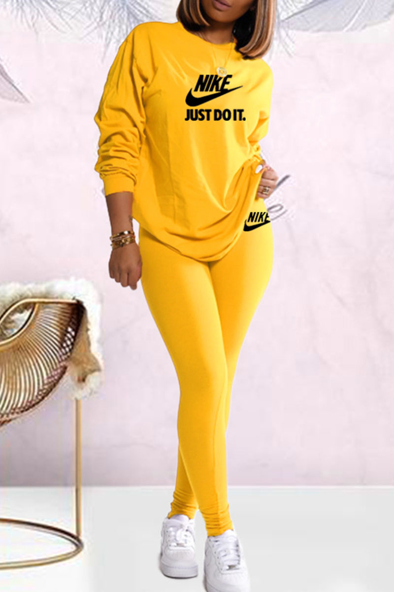 

Yellow Fashion Casual Print Letter O Neck Long Sleeve Two Pieces