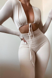 Apricot Sexy Solid Hollowed Out V Neck Skinny Jumpsuits