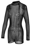 Black Sexy Zipper See-through Mesh Hot Drill O Neck Skinny Rompers