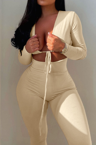 Khaki Sexy Solid Hollowed Out V Neck Skinny Jumpsuits