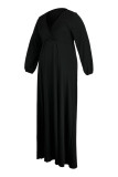 Черные повседневные однотонные лоскутные платья с высоким открытием и V-образным вырезом, прямые платья больших размеров