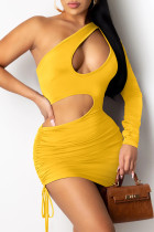 Yellow Fashion Sexy Solid Hollowed Out Draw String Oblique Collar Sleeveless Dress Dresses