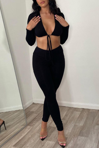 Black Sexy Solid Hollowed Out V Neck Skinny Jumpsuits