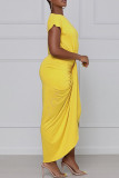 Robe irrégulière décontractée à la mode jaune, couleur unie, patchwork, col rond