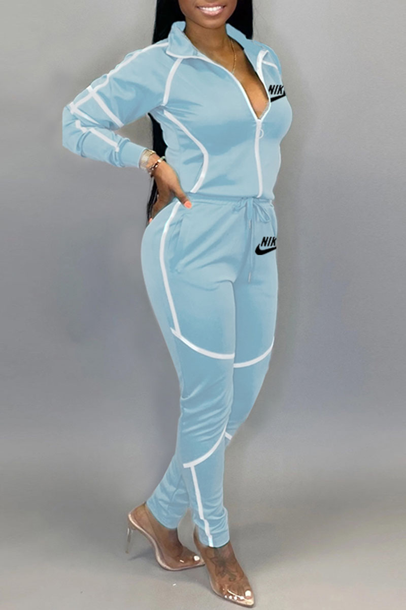 

Light Blue Fashion British Style Print Split Joint Turndown Collar Long Sleeve Two Pieces