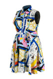 Veelkleurige casual print, patchwork, knopen, kraag, A-lijn, grote maten jurken