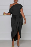Schwarzes, modisches, lässiges, solides, unregelmäßiges Patchwork-Kleid mit O-Ausschnitt