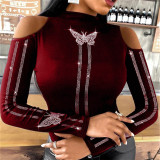 Red Fashion Casual Patchwork Hot Drilling Hollowed Out Half A Turtleneck Tops
