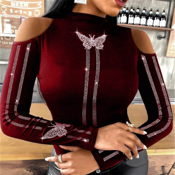 Red Fashion Casual Patchwork Hot Drilling Uitgeholde Halve Coltrui Tops