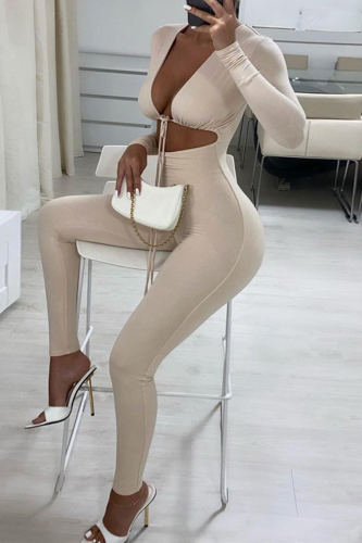 Apricot Sexy Solid Hollowed Out V Neck Skinny Jumpsuits
