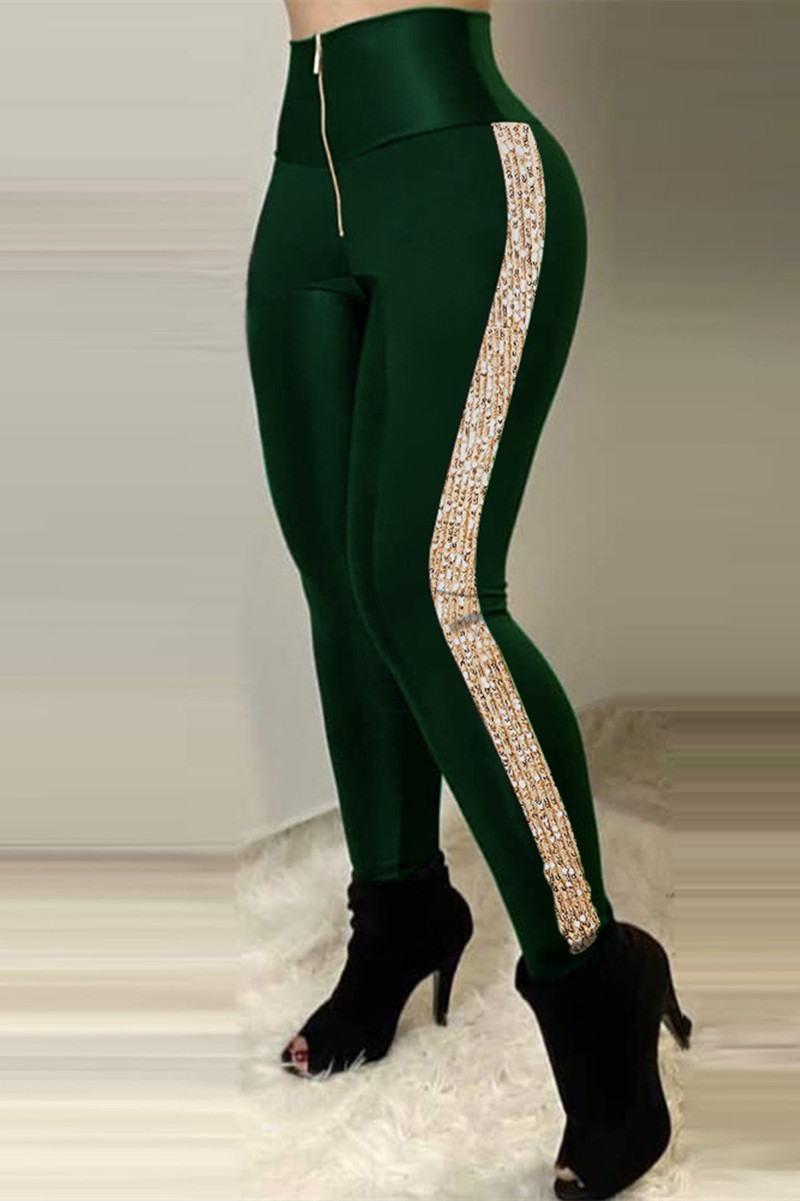 

Dark Green Fashion Casual Patchwork Sequins Skinny High Waist Pencil Trousers