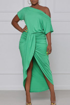 Grünes, modisches, lässiges, solides, unregelmäßiges Patchwork-Kleid mit O-Ausschnitt
