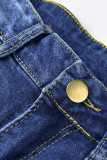 Dark Blue Casual Street Make Old Patchwork High Waist Ripped Denim Jeans