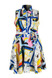 Многоцветный повседневный принт в стиле пэчворк на пуговицах с отложным воротником трапециевидной формы Платья больших размеров