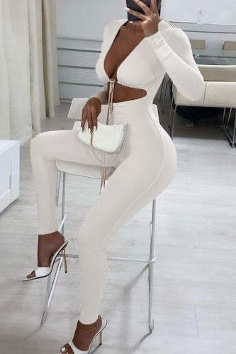 White Sexy Solid Hollowed Out V Neck Skinny Jumpsuits
