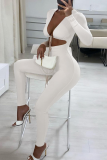 Khaki Sexy Solid Hollowed Out V Neck Skinny Jumpsuits