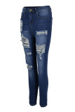 Donkerblauwe casual street ripped oude patchwork jeans met hoge taille