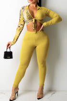 Желтый сексуальный леопардовый лоскутный комплект из двух частей с V-образным вырезом и длинными рукавами