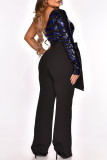 Blue Fashion Sexy Patchwork Sequins Backless Oblique Collar Regular Jumpsuits