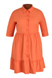 オレンジファッションカジュアルプラスサイズソリッドベーシックターンダウンカラーAラインドレス